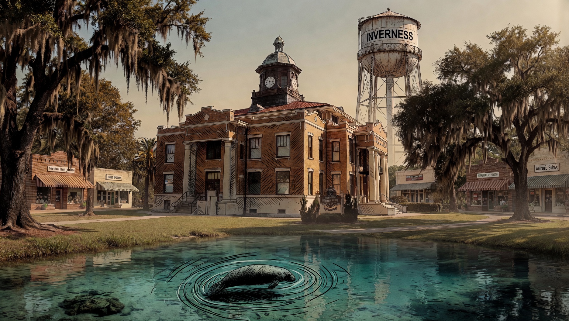 Inverness, Florida — courthouse, water tower, and Lake Henderson at golden hour